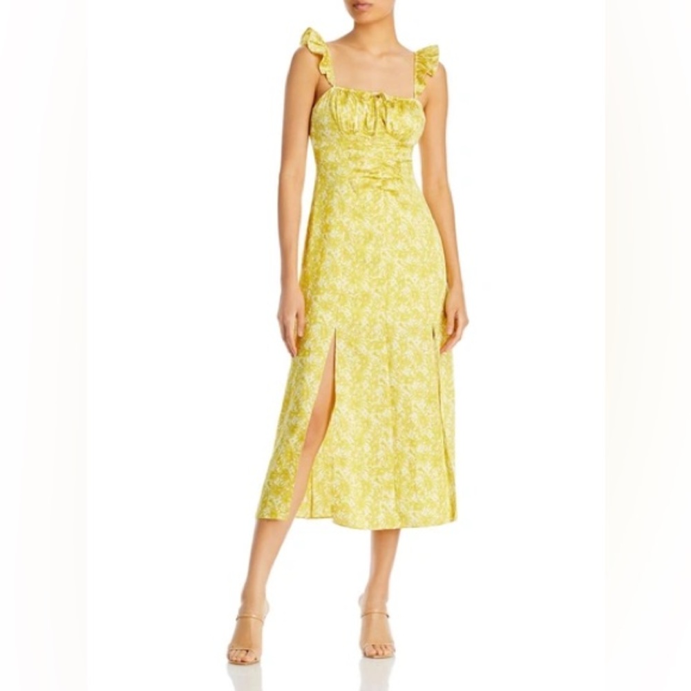 Cinq à Sept Pear Multi Milicent Floral Midi Dress Satin Leg Slit Yellow